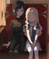 2girls 2l_(2lsize) black_eyes black_hair blonde_hair closed_eyes commentary_request dress dusk glasses karen_(2l) lily_(2l) long_hair looking_at_another multiple_girls original pantyhose short_hair sitting sleepy sunlight twilight white_pantyhose