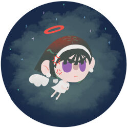 1girl alien_stage anger_vein angry black_hair chibi chibi_only chinese_commentary commentary dress flying halo night night_sky purple_eyes red_halo short_hair sky solo sua_(alien_stage) tuxiaoning_not v-shaped_eyebrows white_dress white_wings wings