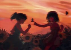 2girls ashashio backlighting bug butterfly butterfly_on_hand character_request chinese_commentary closed_eyes commentary_request dress evening facing_another facing_back feet_out_of_frame field flower flower_field from_side green_dress highres index_finger_raised insect looking_at_viewer multiple_girls open_mouth orange_sky outdoors outstretched_arm ponytail running shigatsu_youka short_hair short_ponytail sky sleeveless sleeveless_dress smile spaghetti_strap sundress sunflower sunflower_field