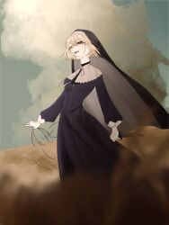 1girl aon_(aon0_01234) black_dress blonde_hair blurry blurry_foreground bob_cut breasts brown_eyes capelet cloud cum cum_on_hair depth_of_field dress frilled_gloves frills full-length_zipper gloves guimpe hashtag-only_commentary high_collar highres hill holding holding_knife knife long_dress long_sleeves looking_afar looking_ahead neck_ribbon nijisanji nun official_alternate_hair_length official_alternate_hairstyle outdoors ribbon short_hair sister_claire sister_claire_(1st_costume) small_breasts solo traditional_nun virtual_youtuber white_capelet white_gloves white_ribbon wispy_bangs zipper zipper_dress