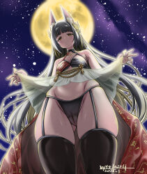 1girl animal_ear_fluff animal_ears azur_lane black_hair black_nails black_panties blush breasts clothes_lift crotch_seam dress dress_lift fox_ears from_below full_moon garter_straps half-closed_eyes highres hip_focus lifting_own_clothes looking_at_viewer looking_down midriff moon nagato_(meta)_(azur_lane) nail_polish navel night night_sky outdoors panties presenting seductive_smile see-through_clothes see-through_dress see-through_panties skindentation sky small_breasts smile solo star_(sky) starry_sky thighhighs thighs umyonge_(lkakeu) underwear yellow_eyes