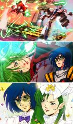 1980s_(style) 1boy 1girl aiming alien anime_screenshot arm_cannon armor artist_request battle battroid blood blue_hair cityscape couple defeat dress energy_cannon firing giant giantess glasses good_end green_hair gunpod highres injury itano_circus jolly_roger maclone macross macross:_do_you_remember_love? maximilian_jenius mecha meltrandi miclone millia_jenius missile missile_pod necktie oldschool pointy_ears power_armor protoculture queadluun-rau retro_artstyle robot sdf-1 storm_attacker u.n._spacy vf-1 vf-1s weapon wedding wedding_dress zentradi