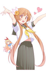 2girls angry blonde_hair blue_eyes blush brown_eyes brown_hair flower furrowed_brow hair_flower hair_ornament hair_ribbon heart highres kirisaki_chitoge multiple_girls navel necktie nisekoi outstretched_arms rakugaki_ningen red_ribbon ribbon school_uniform short_hair_with_long_locks smile spread_arms square-end_necktie tachibana_marika tie_clip white_background