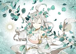 1girl ahoge bare_shoulders braid branch cha_hanare chest_tattoo closed_eyes colored_inner_hair commentary detached_sleeves dress facing_viewer falling_petals genshin_impact gold_choker gold_trim green_hair green_petals grey_hair hair_between_eyes hand_up highres long_hair long_sleeves multicolored_hair parted_lips petals pointy_ears reaching reaching_towards_viewer rukkhadevata_(genshin_impact) side_braid single_braid solo strapless strapless_dress tattoo two-tone_hair upper_body white_dress white_sleeves