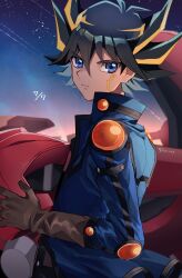 Rule 34 | 1boy, artist name, birthday, black hair, blonde hair, blue eyes, blue jacket, brown gloves, closed mouth, commentary, dated, facial mark, from side, fudo yusei, gloves, hair between eyes, helmet, highres, holding, holding helmet, jacket, kuroda (kuro yyy), looking at viewer, male focus, motor vehicle, motorcycle, motorcycle helmet, signature, sky, solo, spiked hair, standing, star (sky), starry sky, sunset, turning head, unworn headwear, unworn helmet, yu-gi-oh!, yu-gi-oh! 5d&#039;s