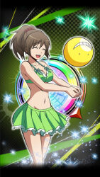 Rule 34 | 1girl, ^ ^, anime coloring, ansatsu kyoushitsu, ball, bare shoulders, beachball, bikini, breasts, brown hair, cleavage, closed eyes, collarbone, cowboy shot, green bikini, large breasts, morita kazuaki, navel, open mouth, pleated skirt, ponytail, short hair, short ponytail, skirt, smile, solo, standing, swimsuit, yada touka