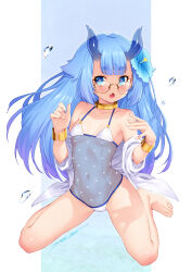1girl absurdres azur_lane bare_legs bare_shoulders barefoot bespectacled blue_eyes blue_hair bracelet choker commentary covered_navel fang flat_chest flower glasses hair_flower hair_ornament highres horns i-13_(azur_lane) jewelry kazuma_muramasa long_hair navel off_shoulder one-piece_swimsuit open_mouth outside_border rimless_eyewear see-through_clothes sitting solo swimsuit thick_eyebrows wariza