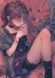 Rule 34 | 1girl, black choker, black shorts, black socks, boots, bracelet, braid, brown hair, chair, choker, closed eyes, couch, crown braid, cup, dress, drinking, earrings, floral print, flower, food print, highres, hina (xoxo), holding, holding cup, jewelry, knee up, lace, lace-trimmed dress, lace trim, mug, nail polish, necklace, on couch, original, pink nails, plant, print dress, purple flower, red nails, ring, scarf, shawl, short sleeves, shorts, sitting, socks, solo, steam