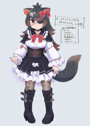 Rule 34 | 1girl, alternate costume, alternate hairstyle, australian devil (kemono friends), black boots, black capelet, black collar, black dress, black hair, black pantyhose, blush, boots, bow, bowtie, brown corset, brown eyes, brown hair, capelet, collar, corset, dress, eyepatch, floral print, frilled capelet, frilled collar, frilled dress, frilled sleeves, frills, full body, gothic lolita, hair bow, highres, kemono friends, kkkkkenzen, knee boots, lolita fashion, long hair, long sleeves, nail polish, pantyhose, print pantyhose, red bow, red bowtie, red nails, solo, standing, tasmanian devil ears, tasmanian devil tail, translation request, two-tone dress, white dress