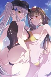2girls areola_slip ass baseball_cap bikini blue_background breasts brown_hair cameltoe choker clenched_teeth commentary commission covenant_halo_(girls&#039;_frontline_2) cross_hair_ornament eyewear_on_head girls&#039;_frontline girls&#039;_frontline_2:_exilium grabbing_own_ass green_choker green_eyes hair_ornament hat heart heart-shaped_eyewear heterochromia highres hk416_(girls&#039;_frontline) klukai_(girls&#039;_frontline_2) large_breasts long_hair looking_at_viewer multicolored_hair multiple_girls open_mouth ponytail red_eyes ro635_(girls&#039;_frontline) robella_(girls&#039;_frontline_2) side-tie_bikini_bottom smile streaked_hair sunglasses swimsuit tattoo teardrop_facial_mark teardrop_tattoo teeth todalbok106 two-tone_hair white_hair yellow_bikini yellow_eyes