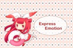 Rule 34 | 1girl, animal ears, apron, beatmania (series), beatmania iidx, beatmania iidx 19 lincle, bemani, chibi, chibi only, commentary request, donut, dress, english text, fake animal ears, food, icing, lace, lace-trimmed dress, lace trim, long hair, looking at viewer, mini person, minigirl, mootor, official alternate costume, pink eyes, rabbit ears, red dress, red hair, red socks, socks, solo, song name, speech bubble, sprinkles, two side up, umegiri ameto, white apron