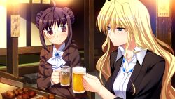 2girls ahoge alcohol ascot beer beer_mug black_jacket blonde_hair blue_brooch blue_eyes breasts brown_hair brown_jacket closed_mouth collared_shirt cup double_bun elbow_rest food fumio_(ura_fmo) game_cg glasses grisaia_(series) grisaia_no_rakuen hair_between_eyes hair_bun harudera_yuria holding holding_cup indoors jacket jewelry large_breasts large_variant_set long_hair long_sleeves looking_at_another mole mole_under_eye mug multiple_girls necklace non-web_source official_art on_chair red_eyes shirt short_hair_with_long_locks sidelocks sitting skewer smile suit_jacket tachibana_chizuru_(grisaia) toasting_(gesture) variant_set wavy_hair white_ascot white_shirt wooden_chair