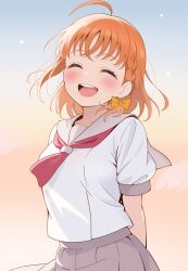 1girl :d ^_^ ahoge blush braid breasts closed_eyes collarbone daito_(daitooekakiaka) facing_viewer grey_sailor_collar grey_skirt highres love_live! love_live!_sunshine!! medium_breasts medium_hair neckerchief open_mouth pleated_skirt red_neckerchief sailor_collar school_uniform serafuku shirt short_sleeves side_braid skirt smile solo summer_uniform takami_chika teeth upper_teeth_only uranohoshi_school_uniform white_shirt