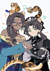 Rule 34 | 2girls, absurdres, bare shoulders, beret, black dress, black gloves, black hair, black hat, blue coat, chin strap, coat, dark-skinned female, dark skin, dress, facial mark, forehead mark, glasses, gloves, hair ornament, hand up, hat, highres, hl (iamawhitehippo), intertwined tails, kaalaa baunaa, kemonomimi mode, liang yue (reverse:1999), long hair, long sleeves, looking at viewer, low twintails, multiple girls, police, police uniform, policewoman, purple eyes, reverse:1999, shared handcuffs, shirt, tail, tiger, tiger girl, tiger tail, twintails, white background, yellow eyes, yellow shirt
