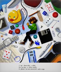 1other androgynous bandaid brown_hair buttons cable card chalk coin deltarune english_text floppy_disk green_sweater highres i_spy key kris_(deltarune) long_sleeves mini_person pants pencil phone playing_card puzzle_piece rubber_duck shio_tou shoes sneakers solo star_(symbol) sweater watch wristwatch