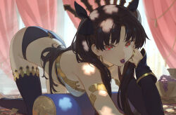 Rule 34 | 1girl, all fours, armlet, bare shoulders, bikini, black hair, black thighhighs, bracelet, breasts, detached sleeves, earrings, fate/grand order, fate (series), food, fruit, gold trim, grapes, hair ribbon, highres, hoop earrings, ishtar (fate), jewelry, long hair, looking at viewer, medium breasts, mismatched bikini, mouth hold, neck ring, parted bangs, red eyes, ribbon, single detached sleeve, single thighhigh, solo, swimsuit, thighhighs, thighlet, thighs, tiara, timbougami, two side up