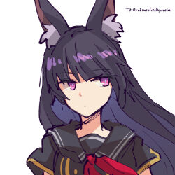 Rule 34 | 1girl, alonemistrist, animal ear fluff, animal ears, black hair, black sailor collar, black shirt, blunt bangs, closed mouth, commentary, dragalia lost, english commentary, facing viewer, linnea (dragalia lost), long hair, looking to the side, neckerchief, purple eyes, rabbit ears, rabbit girl, red neckerchief, sailor collar, shirt, short sleeves, solo, upper body, white background