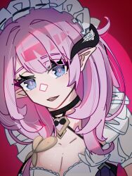 1girl ashou-gm black_choker blue_eyes breasts butterfly_hair_ornament choker cleavage commentary elf elysia_(honkai_impact) elysia_(miss_pink)_(honkai_impact) elysia_(miss_pink_elf)_(honkai_impact) fake_horns hair_ornament highres honkai_(series) honkai_impact_3rd horns large_breasts long_hair looking_at_viewer maid maid_headdress official_alternate_costume parted_lips pink_background pink_hair pointy_ears solo symbol-only_commentary upper_body
