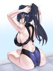 1girl absurdres ass backboob black_hair black_one-piece_swimsuit blue_eyes blue_one-piece_swimsuit breasts daaku_(koizumi_arata) highres hololive hololive_english holonatsu_paradise large_breasts one-piece_swimsuit ouro_kronii ponytail poolside sitting solo swimsuit two-tone_one-piece_swimsuit virtual_youtuber