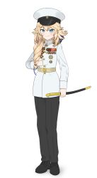 1girl absurdres black_cat03 black_footwear black_pants blonde_hair blue_eyes braid hand_under_clothes hand_under_shirt hat highres holding holding_weapon jacket kaneko_lumi medal military_hat military_jacket military_uniform pants peaked_cap phase_connect russian_ground_forces russian_empire shirt single_braid standing virtual_youtuber weapon white_jacket
