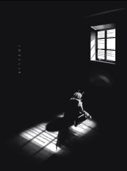 Rule 34 | 1boy, black hair, coat, demon hood, english text, from behind, full body, greyscale, head down, highres, jozllie, kim dokja, monochrome, official alternate costume, omniscient reader&#039;s viewpoint, on ground, shadow, short hair, sitting, solo, white coat, window light