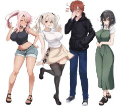 +++ ... 1boy 1girl 3girls :d ^_^ absurdities adversarial_noise aged_up alternate_breast_size artist_name bare_arms bare_shoulders black_hair black_keys_(type-moon) black_sandals black_shoes black_tank_top black_thighhighs blonde_hair blue_shorts blush breasts chloe_von_einzbern cleavage closed_eyes closed_mouth colored_skin commentary covered_erect_nipples curvy dark-skinned_female dark_skin dress embarrassed emiya_shirou emiya_shirou_(prisma_illya) english_commentary fate/kaleid_liner_prisma_illya fate_(series) flying_sweatdrops full_body green_dress grin hair_ornament hand_on_own_knee hat high_heels highres igote illyasviel_von_einzbern large_breasts leaning_forward long_hair looking_at_viewer mature_female miyu_edelfelt multicolored_skin multiple_girls navel nose_blush open_mouth orange_eyes paid_reward_available pink_hair raglan_sleeves red_eyes sandals self-upload shoes shokobr short_shorts shorts simple_background skirt smile solo spoken_ellipsis sports_sandals standing standing_on_one_leg tank_top teeth thighhighs thighs twintails two-tone_skin upper_teeth_only very_long_hair wavy_hair white_background yellow_eyes