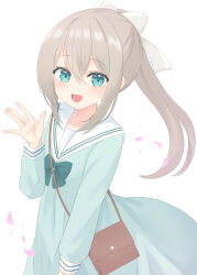 1girl aqua_bow aqua_bowtie aqua_dress aqua_eyes bag bow bowtie brown_bag cowboy_shot dress falling_petals furutori grey_hair hair_between_eyes hair_ribbon highres long_hair long_sleeves looking_at_viewer open_mouth original petals pink_petals ponytail ribbon sailor_collar sailor_dress school_uniform shoulder_bag simple_background smile solo waving white_background white_ribbon white_sailor_collar