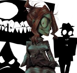 1girl breadhead_(gaslight_district) gaslight_district glitch_productions gloves grin ken_(gaslight_district) melancholy_hill mud_(gaslight_district) multiple_girls ponytail short_ponytail smile teeth zombie