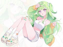 1girl :o absurdres arm_up bare_shoulders breasts camisole cleavage crocs crop_top green_hair green_jacket grey_shorts hand_up highres jacket jewelry long_hair looking_at_viewer medium_breasts midriff multicolored_hair navel necklace off_shoulder one_side_up open_clothes open_jacket open_mouth purple_eyes shirt short_shorts shorts sleeveless sleeveless_shirt socks solo stellive stomach streaked_hair thighs v very_long_hair virtual_youtuber white_shirt white_socks yuel_1011 yuzuha_riko