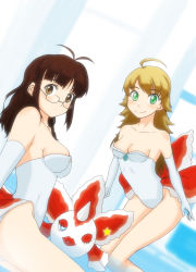 2girls akizuki_ritsuko blonde_hair brown_eyes brown_hair cosplay creatures_(company) crossover dress elbow_gloves fish game_freak gen_1_pokemon glasses gloves goldeen goldeen_(cosplay) green_eyes hiropon_(iianbe) hoshii_miki idolmaster idolmaster_(classic) leotard long_hair misty_(pokemon) misty_(pokemon)_(cosplay) multiple_girls nintendo one_eye_closed pokemon pokemon_(anime) pokemon_(classic_anime) pokemon_ep043 strapless strapless_dress wink