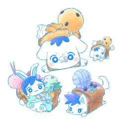 1girl 3boys :3 animal_ears animalization antenna_hair aubrey_(headspace)_(omori) aubrey_(omori) ball basil_(headspace)_(omori) basil_(omori) blue_eyes blueberry blush bread bright_pupils coffee_beans colored_lineart dog dog_ears dog_tail exercise_ball flower_wreath food fruit green_eyes green_hair hair_between_eyes head_wreath hero_(headspace)_(omori) hero_(omori) ice_cream kel_(headspace)_(omori) kel_(omori) leaf loaf_of_bread looking_at_another looking_back mandarin_orange multiple_boys multiple_views no_eyebrows omori orange_(fruit) pocky purple_hair rabbit rabbit_ears rabbit_tail sidelocks simple_background sun_iiinu tail tail_wagging whipped_cream white_background white_fur white_pupils