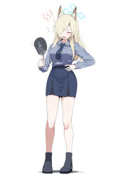 1girl animal_ear_fluff animal_ears black_boots blonde_hair blue_archive blue_halo blue_necktie blue_shirt blue_skirt blush boots closed_eyes collared_shirt dog_ears full_body hair_over_one_eye halo hand_fan hand_on_own_hip highres holding holding_fan hot kanna_(blue_archive) long_hair long_sleeves necktie open_mouth shirt simple_background skirt solo standing unamaso white_background