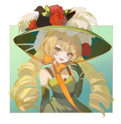 :d bare_shoulders blonde_hair border bow chin_strap dress drill_hair earrings elbow_gloves flower gloves green_background green_dress green_eyes green_gloves green_hat halftone halftone_background hand_up hat hat_feather hat_flower highres jewelry looking_at_viewer low_twintails open_mouth orange_bow outside_border procreate_(medium) red_flower reverse:1999 sleeveless sleeveless_dress smile sotheby twin_drills twintails white_border xianyu_(xianyu55596)