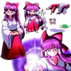1girl blunt_bangs bow closed_mouth clover_(clover11_40) commentary english_commentary full_body genjii_(touhou) gohei gojou&#039;s_imaginary_technique hair_bow hair_tubes hakurei_reimu hakurei_reimu_(pc-98) highres holding holding_gohei japanese_clothes jujutsu_kaisen kimono long_hair looking_at_viewer miko multiple_views parody pink_bow purple_eyes purple_hair red_skirt ribbon-trimmed_sleeves ribbon_trim sidelocks simple_background skirt smile touhou touhou_(pc-98) turtle upper_body very_long_hair white_background white_bow white_kimono