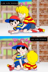 2boys awkward bad_tag bentlegs black_hair blonde_hair blush boy_on_top child elementary_schoolboy hat humming imminent_penetration lucas_(mother_3) mother_(series) mother_2 mother_3 mrsksigure multiple_boys mushroom ness_(mother_2) nintendo possessed riding saliva shirt shoes shorts shota socks super_smash_bros. sweat sweatdrop yaoi
