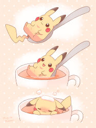 Rule 34 | :3, :d, artist name, closed mouth, commentary request, cup, gen 1 pokemon, highres, in container, in cup, mugita konomi, nintendo, no humans, open mouth, pikachu, pokemon, pokemon (creature), polka dot, polka dot background, smile, tea, teaspoon, yellow background