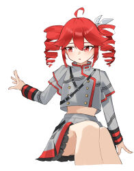1girl absurdres ahoge arm_at_side belt black_belt black_skirt black_sleeve_cuffs blush bow buttons double-breasted drill_hair feet_out_of_frame grey_jacket grey_skirt hair_bow hair_ribbon hashtag-only_commentary highres jacket kasane_teto kasane_teto_(sv) layered_skirt layered_sleeves long_sleeves looking_to_the_side midriff musical_staff musical_staff_print nun178089 open_mouth red_eyes red_hair red_skirt red_trim ribbon shoulder_belt shoulder_boards simple_background sitting skirt skirt_set solo striped_clothes striped_jacket striped_skirt synthesizer_v transparent_background twin_drills utau white_bow white_ribbon