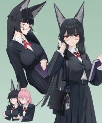 2girls absurdres alternate_costume amco animal_ear_fluff animal_ears bag belt bespectacled black_bag black_belt black_hair black_jacket black_skirt blunt_bangs blush book braid breasts closed_eyes closed_mouth collared_shirt commentary fox_ears fox_girl glasses grabbing_another&#039;s_breast grabbing_from_behind green_background groping half_up_braid hand_up highres holding holding_book hoshimi_miyabi jacket large_breasts long_hair looking_at_viewer multiple_girls multiple_views parted_lips pink_hair red_eyes school_bag school_uniform shirt simple_background skirt smile sweat tsukishiro_yanagi white_shirt yuri zenless_zone_zero