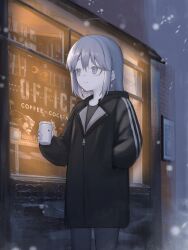 Rule 34 | 1girl, absurdres, black coat, blue eyes, brick wall, cafe, closed mouth, coat, commentary request, cowboy shot, cup, disposable coffee cup, disposable cup, earrings, frown, grey hair, grey pants, hand in pocket, highres, holding, holding cup, jewelry, kkamkkam, long hair, long sleeves, looking to the side, original, outdoors, pants, snowing, solo, standing, window, winter, zipper pull tab