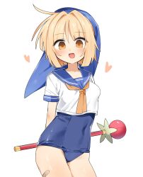1girl avadahoi avalona bandaid_on_thigh blonde_hair blue_hood blue_one-piece_swimsuit blue_sailor_collar cropped_shirt heart highres holding holding_wand neckerchief old_school_swimsuit one-piece_swimsuit open_mouth randal&#039;s_friends sailor_collar school_swimsuit shirt short_hair smile solo swimsuit wand white_background white_shirt yellow_eyes yellow_neckerchief