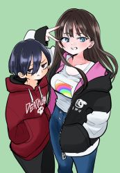 Rule 34 | 1boy, 1girl, alternate color, black hair, blue eyes, boku no kokoro no yabai yatsu, breasts, brown eyes, brown hair, clothes writing, gloom (expression), grin, hand in pocket, hands in pockets, high-waist pants, highres, hood, hoodie, ichikawa kyoutarou, long hair, medium breasts, palette swap, pants, parted bangs, sakurai norio, shirt, short hair, smile, t-shirt, tagme, unzipped, v, yamada anna