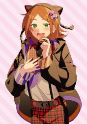 1boy :d absurdres animal_ear_headwear animal_ears aoi_hinata asymmetrical_sleeves belt bib_collar bishounen black_belt black_coat cat_ears coat cookie cowboy_shot diagonal-striped_background ensemble_stars! fake_animal_ears food green_eyes hand_up hands_on_own_chest hat_tassel heidbd highres holding holding_cookie holding_food long_sleeves looking_ahead male_focus medium_hair middle_part mismatched_sleeves o-ring o-ring_belt open_clothes open_coat open_mouth overalls pants parted_hair pink_background plaid_clothes plaid_collar plaid_pants shirt shirt_tucked_in smile solo striped_background teeth three_quarter_view upper_teeth_only white_shirt wide_sleeves wind zipper