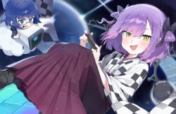 2girls a-chan_(hololive) absurdres bibi_(tokoyami_towa) blue_eyes blue_hair camera cloud fang glasses green_eyes hakama hakama_skirt headset highres holding holding_camera hololive japanese_clothes joy-con mario_(series) mario_kart multiple_girls nintendo purple_hair rainbow_road skirt space tokoyami_towa tokoyami_towa_(new_year) useq1067 virtual_youtuber