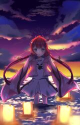 1girl aqua_eyes ascot backlighting black_ascot blunt_bangs blush cherry_blossom_print closed_mouth commentary_request eyelashes floating_clothes floating_hair floral_print floral_print_kimono hair_ornament hairclip hands_up highres hood hood_down hooded_kimono japanese_clothes kamiyama_shiki kimono lantern long_hair long_sleeves looking_at_viewer maru_mayu000 ocean open_clothes open_kimono orange_sky outdoors pink_kimono ponytail print_kimono purple_sky red_hair sailor_collar school_uniform serafuku shirt skirt sky smile solo standing summer_pockets summer_pockets_school_uniform sunset tassel tassel_hair_ornament twitter_username very_long_hair wading water watermark white_sailor_collar white_serafuku white_shirt white_skirt wide_sleeves