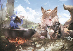 1girl animal_ears arknights bird cooking grass lying on_stomach pot star-shaped_pupils star_(symbol) symbol-shaped_pupils tail yatsuha_(hachiyoh)