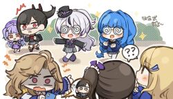 6+girls :d ? ^^^ ahoge arcana_(nikke) beret black_bow black_hair black_hat black_jacket blonde_hair blue_hair blue_sweater blush_stickers bow braid brown_hair cellphone character_request chibi coke-bottle_glasses glasses goddess_of_victory:_nikke grey_hair grey_skirt hair_intakes hair_ornament hair_ribbon hairclip hat holding holding_phone holding_stuffed_toy jacket long_hair long_sleeves low_twintails mini_hat multicolored_hair multiple_girls naga_(nikke) one_side_up open_mouth parted_bangs phantom_(nikke) phone plaid_clothes plaid_skirt ponytail puffy_long_sleeves puffy_sleeves purple_bow purple_eyes purple_hair purple_hat purple_ribbon red_eyes rei_(nikke) ribbon school_uniform shaded_face shared_speech_bubble shirt side_ponytail skirt sleeves_past_wrists smile sparkle speech_bubble spoken_question_mark streaked_hair stuffed_animal stuffed_penguin stuffed_toy sweater tilted_headwear top_hat totatokeke translation_request twin_braids twintails very_long_hair wavy_mouth white_shirt