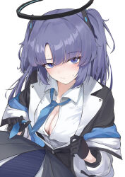 1boy 1girl absurdres black_gloves black_jacket blazer blue_archive blue_necktie blush breasts cleavage commentary gloves halo highres jacket jacket_partially_removed long_hair looking_at_viewer loose_necktie medium_breasts necktie nonoka7221 partially_unbuttoned pov purple_eyes purple_hair red_pupils shirt simple_background sweat two-sided_fabric two-sided_jacket two_side_up very_long_hair white_background white_jacket white_shirt yuuka_(blue_archive)