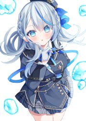 1girl :o amagai_ruka black_hat black_jacket blue_eyes blue_hair blue_ribbon blush braid commentary_request gloves grey_hair grey_skirt hair_ornament half_gloves hand_up hat highres index_finger_raised jacket long_hair looking_at_viewer maki_soutoki multicolored_hair neck_ribbon parted_lips plaid_clothes plaid_skirt pleated_skirt ribbon simple_background skirt solo streaked_hair tilted_headwear very_long_hair virtual_youtuber water_drop weather_planet white_background white_gloves x_hair_ornament
