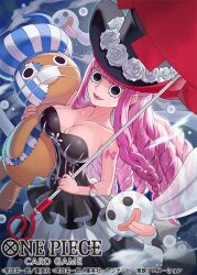 1girl arm_tattoo bare_shoulders black_eyes blunt_bangs braid braided_sidelock breasts cleavage closed_mouth commentary_request copyright_name dress drill_hair flower frilled_dress frills ghost hat hat_flower kumacy long_hair lower_eyelashes_only mask mouth_mask official_art one_piece one_piece_card_game perona pink_hat shinra0609 smile stuffed_toy tattoo tongue tongue_out watch wristwatch