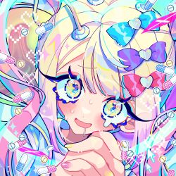 Rule 34 | 1girl, absurdres, blonde hair, blue bow, blush, bow, chouzetsusaikawa tenshi-chan, commentary, cursor, decora, drooling, gradient hair, hair bow, hair ornament, heart, highres, long hair, looking at viewer, mochi (buchumi10), multicolored hair, nail polish, needy girl overdose, open mouth, own hands together, pill, pink hair, pink nails, purple bow, purple hair, red bow, romaji commentary, saliva, solo, sweat, tears, upper body, yellow eyes, yellow nails